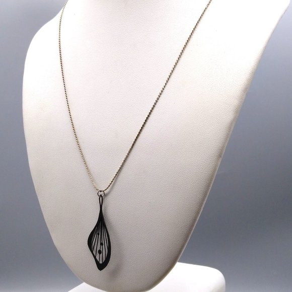 Black Butterfly Wing Pendant on Silver Tone Chain Necklace, Delicate Enamel - Picture 1 of 5